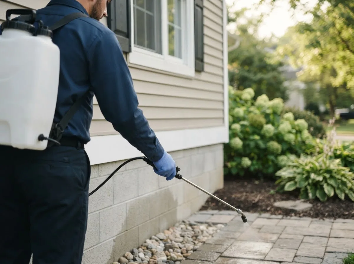 Pest control technician inspecting a home in Roscoe, TX